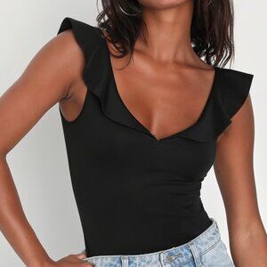 Flirty Times Black Ruffled Bodysuit